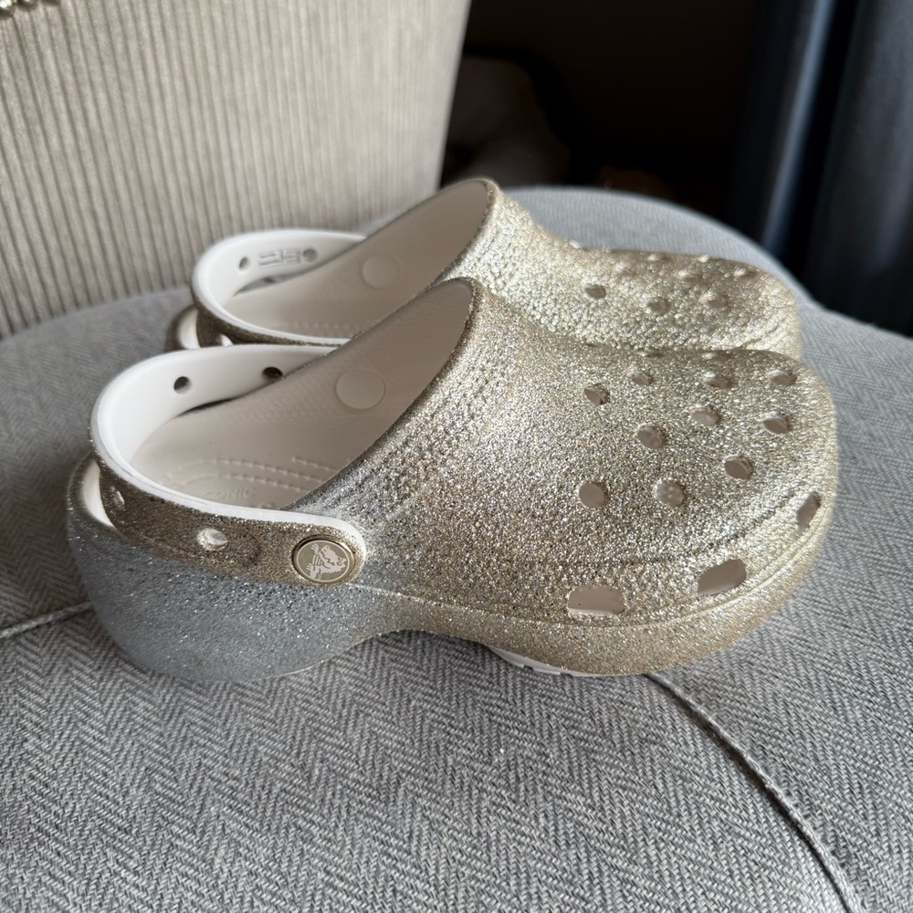 CROCS Gold and Silver Sparkle Mules with Ventilation